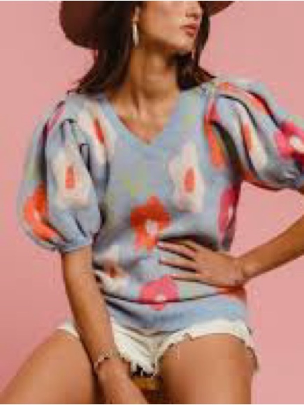 BiBi Light Blue V-Neck Sweater with Coral and Pink Floral Print